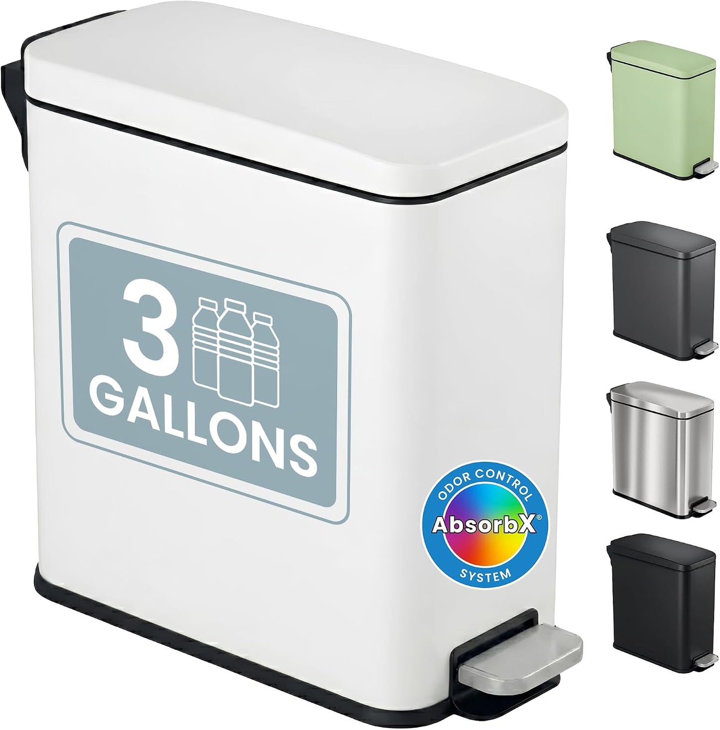iTouchless 3 Gallon Small Wastebasket for Bathroom with Lid, Deodorizer, Soft-Step Stainless Steel Slim Garbage Bin, 11.5L White Small Trash Can, Step Pedal, Minimalist Nursery Decor for Clinic & Spa