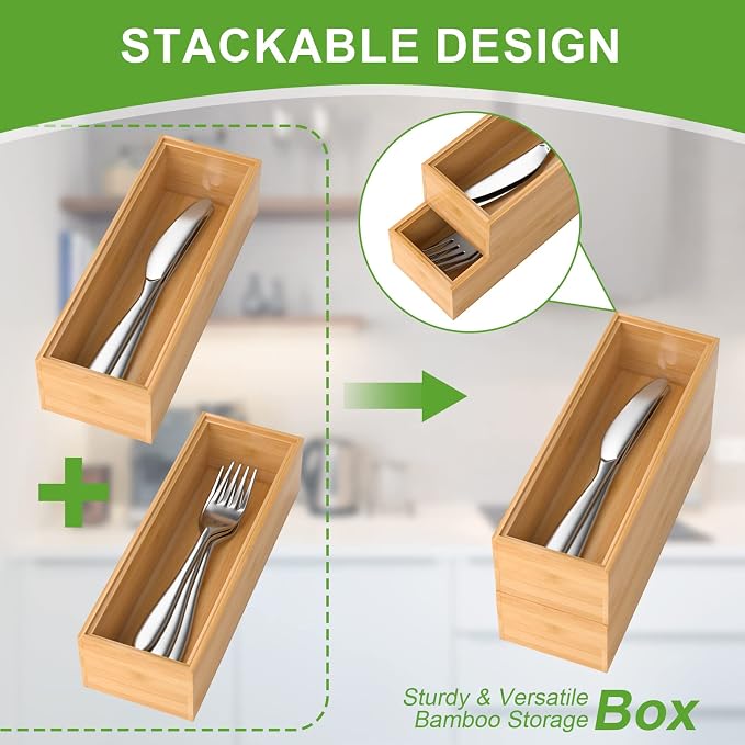 Bamboo Drawer Organizer – Set of 2 Stackable Storage Boxes, 8.3" x 2.3" x 1.77" - Image 6