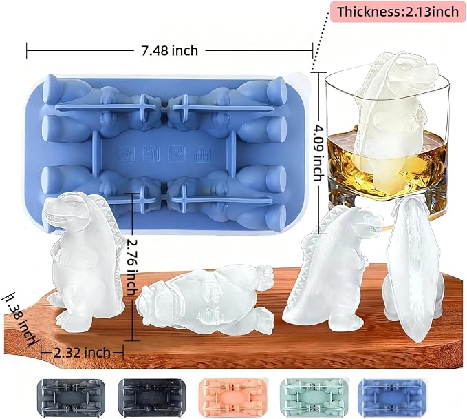 7.48inch Newly Upgraded 4-grid 3D Dinosaur Ice Tray and Covered Silicone Ice - Image 2