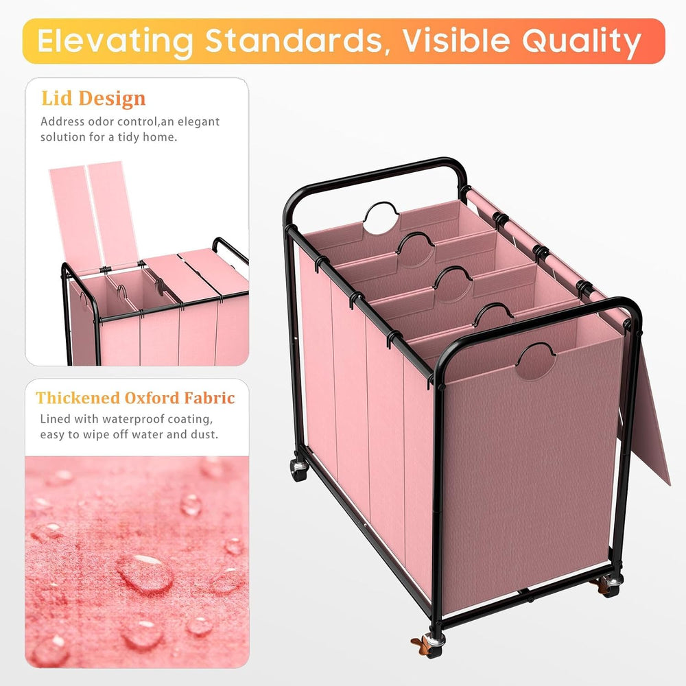 Laundry Sorter 4 Sections 48 Gal, Rolling Laundry Basket with Wheels ＆ Lid