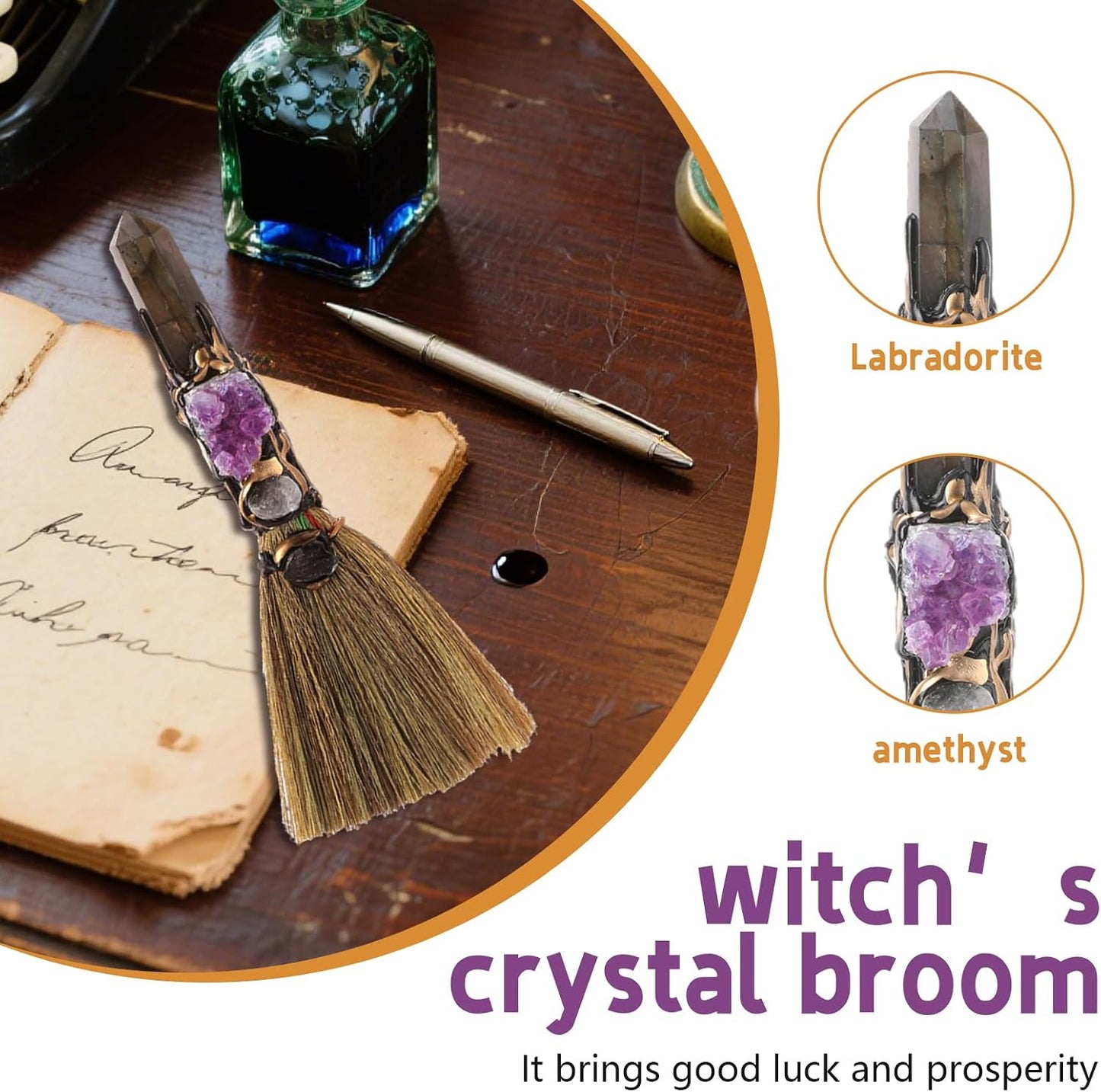 RENEMEGO Witch Broom Witchcraft Supplies - Altar Supplies with Labradorite Wiccan Stuff Magic Broomstick with Natural Healing Crystals Hexagonal Points Pagan Reiki Energy Clearing Decor