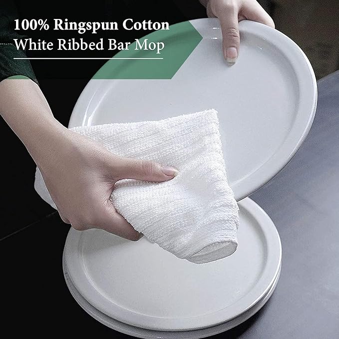 Bar Mop White Ribbed 16x19 Pack of 24, 100% Cotton Absorbent Kitchen Towel Dish - Image 2