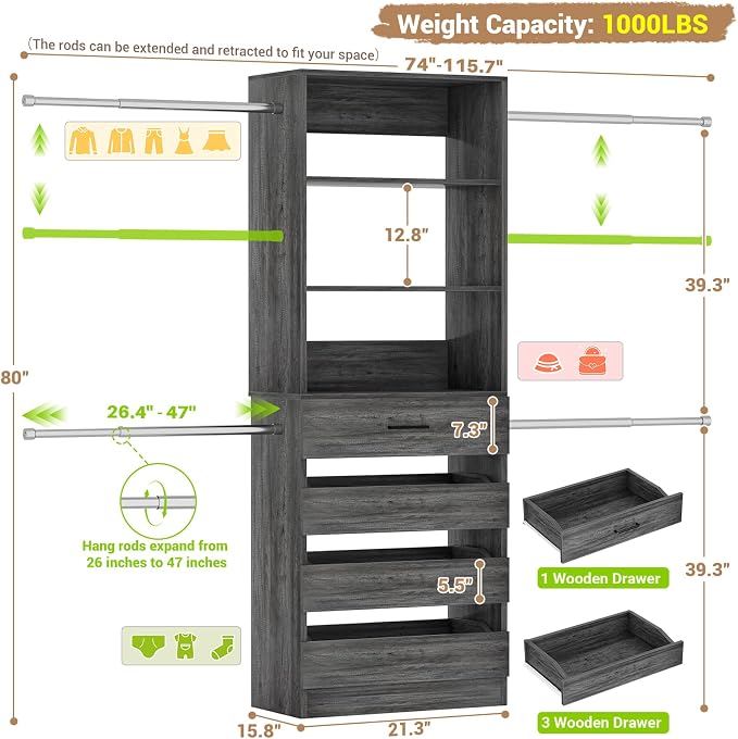Aheaplus Closet System, 4-9 Ft Closet Organizer - Image 7