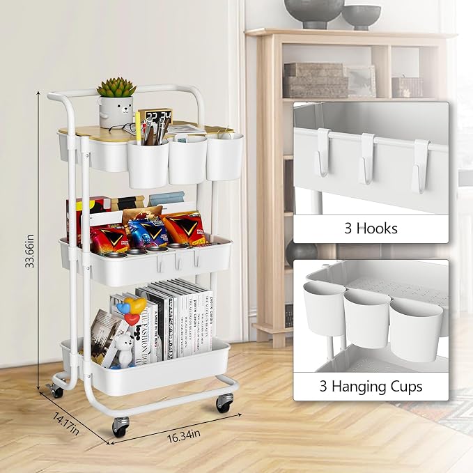 3 Tier Rolling Cart with Metal Handle, Table Top, Hanging Cups, Plastic Storage - Image 2