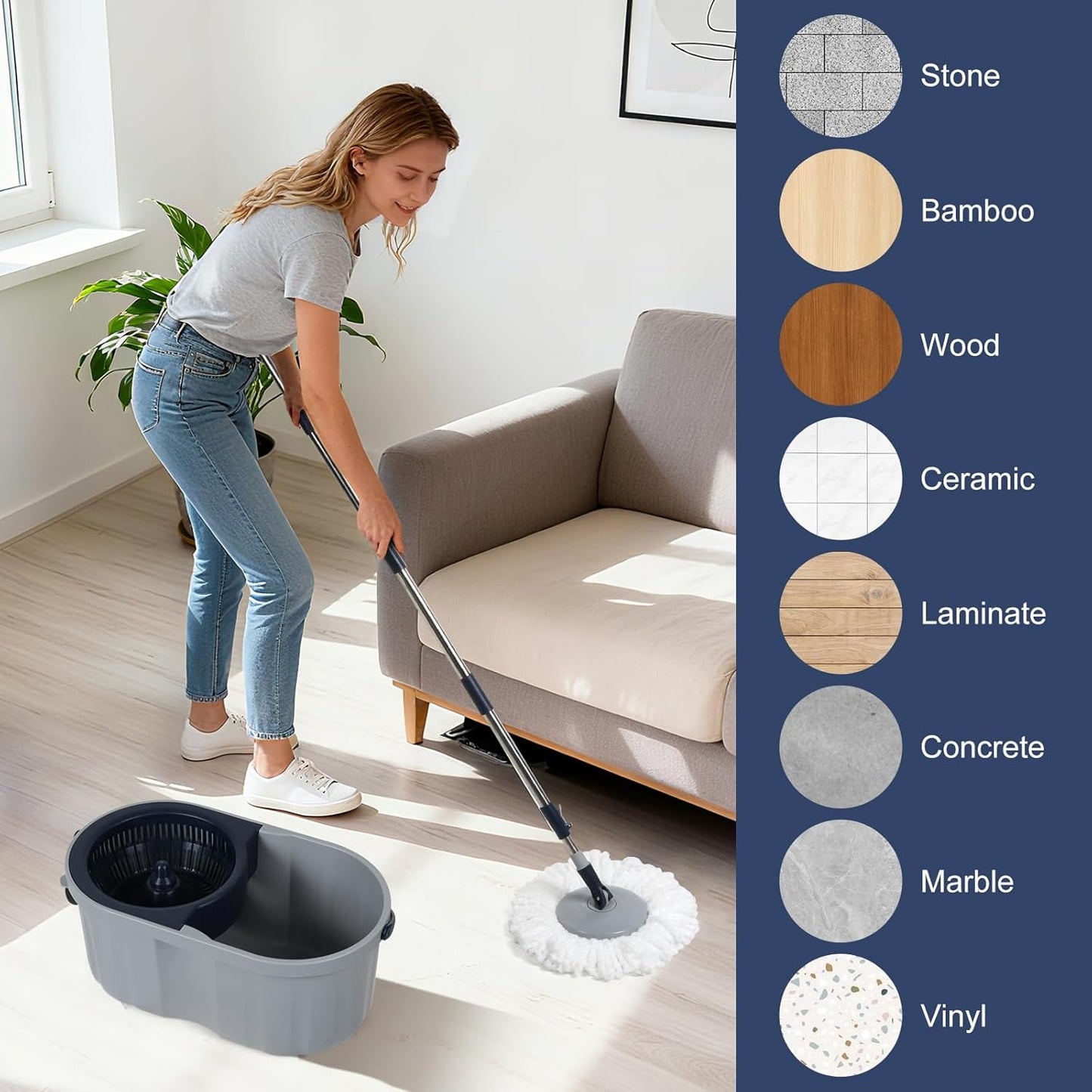 Spin Mop and Bucket Set 180° Swivel Mop Head Adjustable Telescopic Handle Dual Chamber Bucket 3 Refills Dual-Action Wringing Hand-Press Foot-Peda Hands-Free Self-Cleaning System for All Floor Types