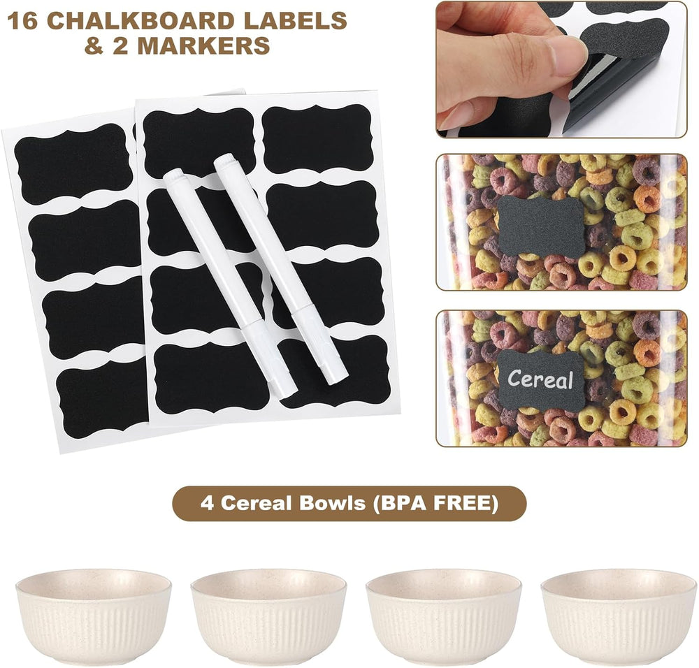 Cereal Dispenser Countertop with Cereal Bowls,16 Labels & Pen, Cereal Con...