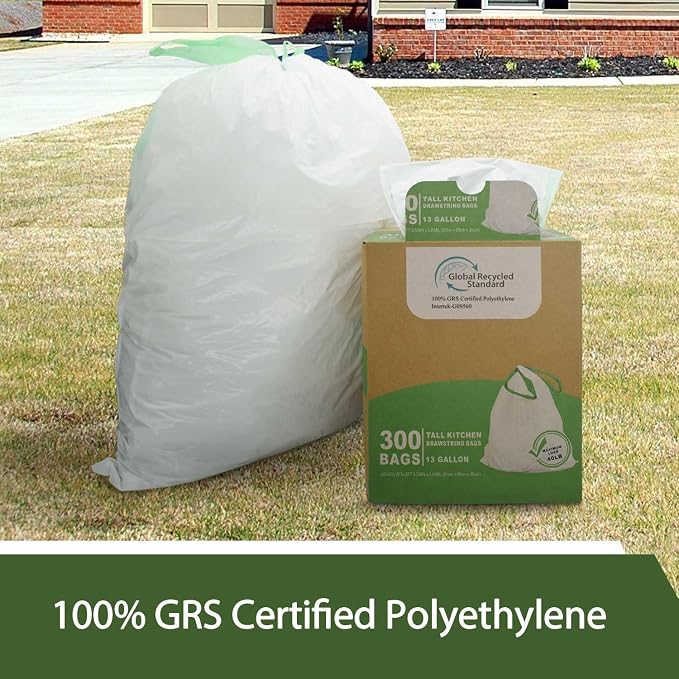TYPLASTICS 300 Count 13 Gallon Tall Kitchen Drawstring Trash Bags, GRS Compliant - Image 3