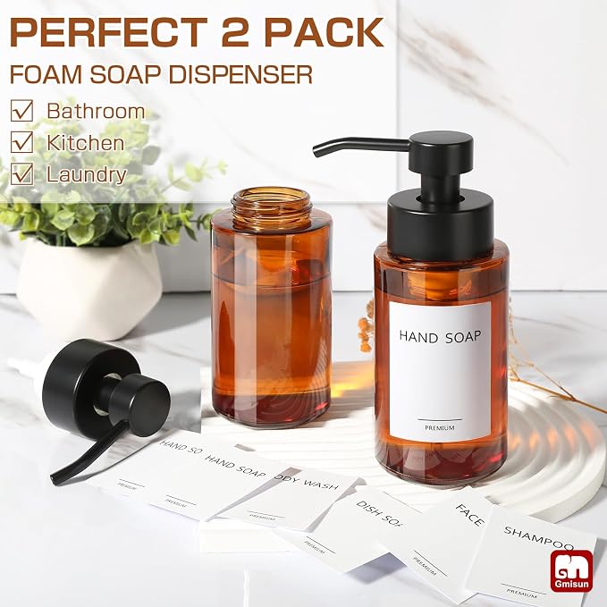 GMISUN Glass Foaming Soap Dispenser, 10 Fl oz / 300ml Amber Glass Soap Dispenser - Image 3