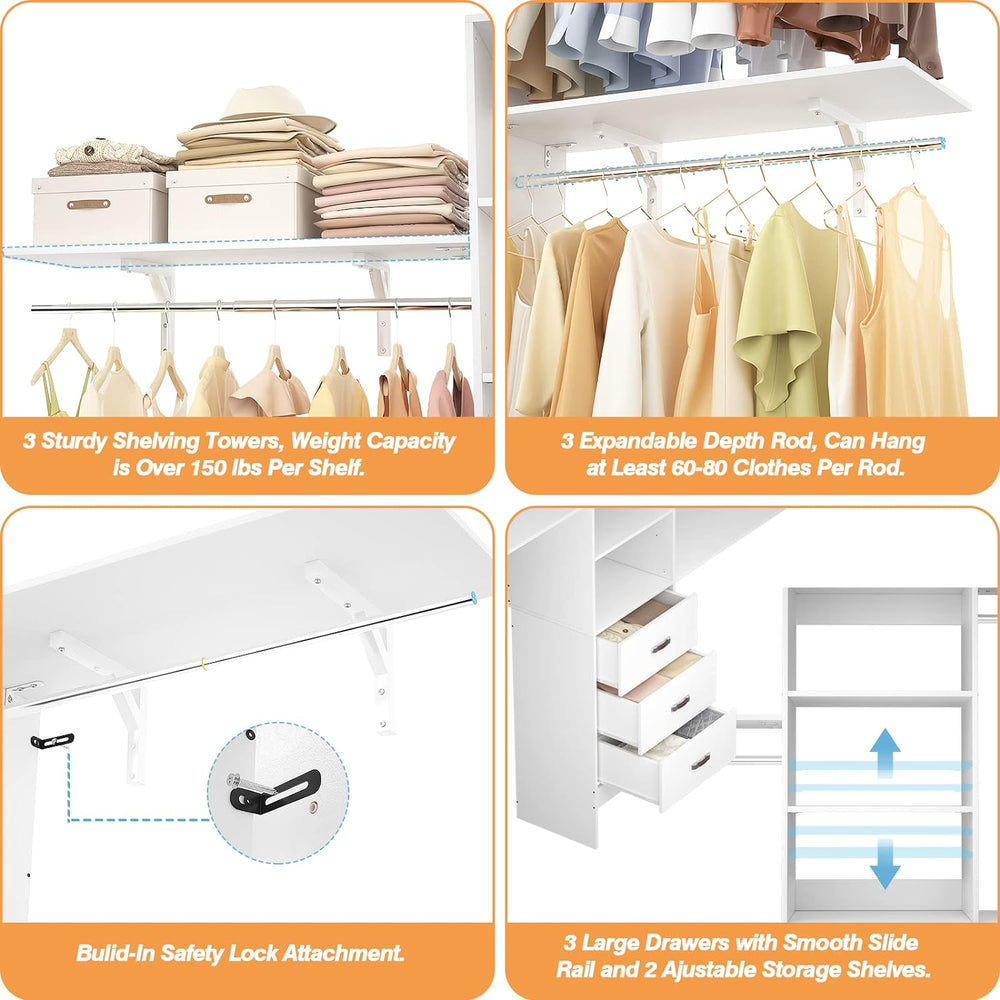 Armocity 96" Wood Closet System with 3 Enclosed Drawers & 3 Solid Sh...