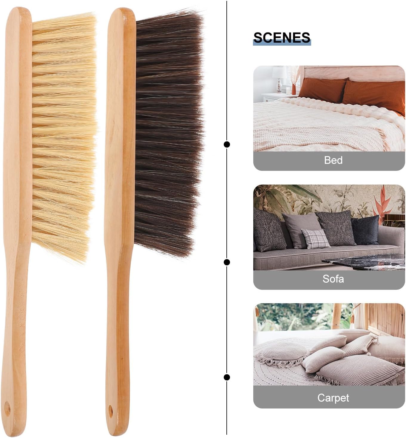 2pcs Wood Handle Dusting Brush Set with Soft and Stiff Bristles, Hand Whisk Broom for Bed, Upholstery, and Household Cleaning, Multipurpose Dust Remover for Home Use
