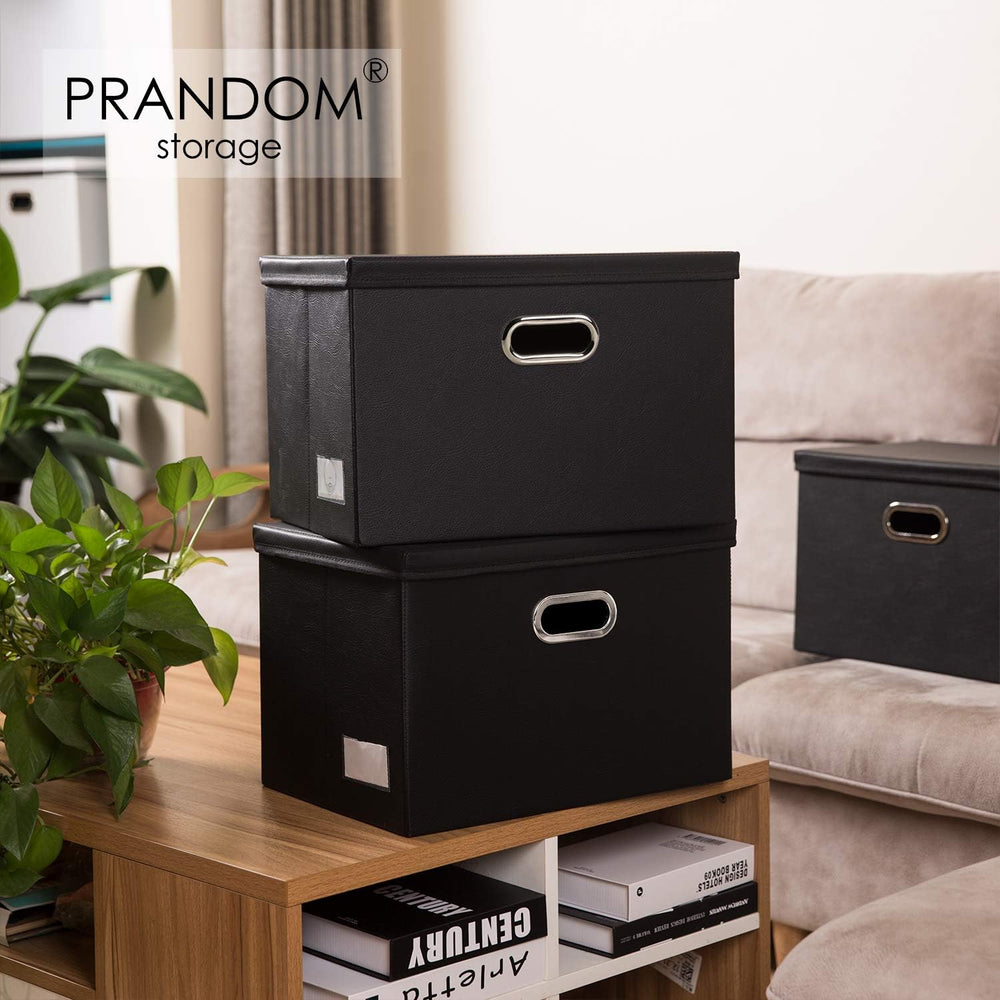PRANDOM Large Foldable Storage Bins with Lids [3-Pack] Leather Fabric Collaps...