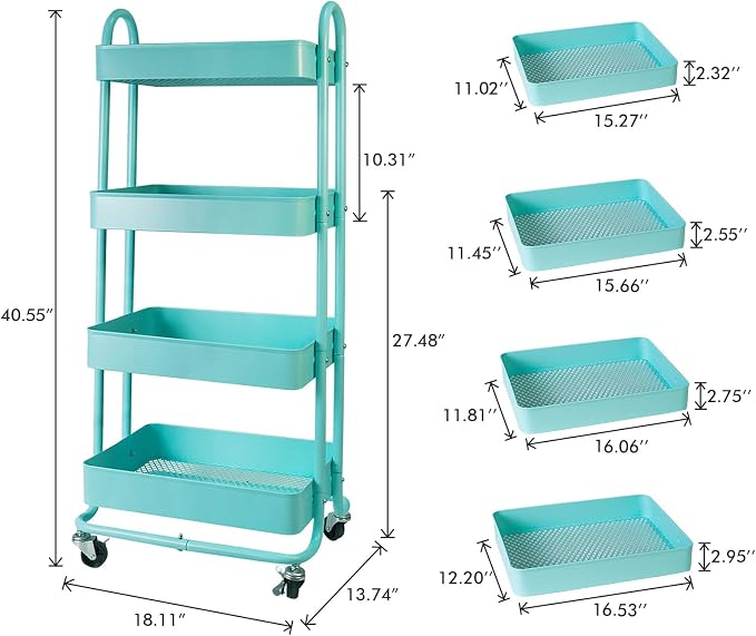 elabo 4-Tier Metal Mesh Utility Rolling Cart, Storage Organizer Trolley - Image 2