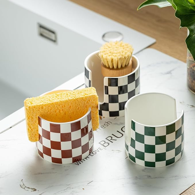 Checkered Kitchen Sink Sponge Holder, Dish Sponge Rack Ceramic Brush Holder - Image 7