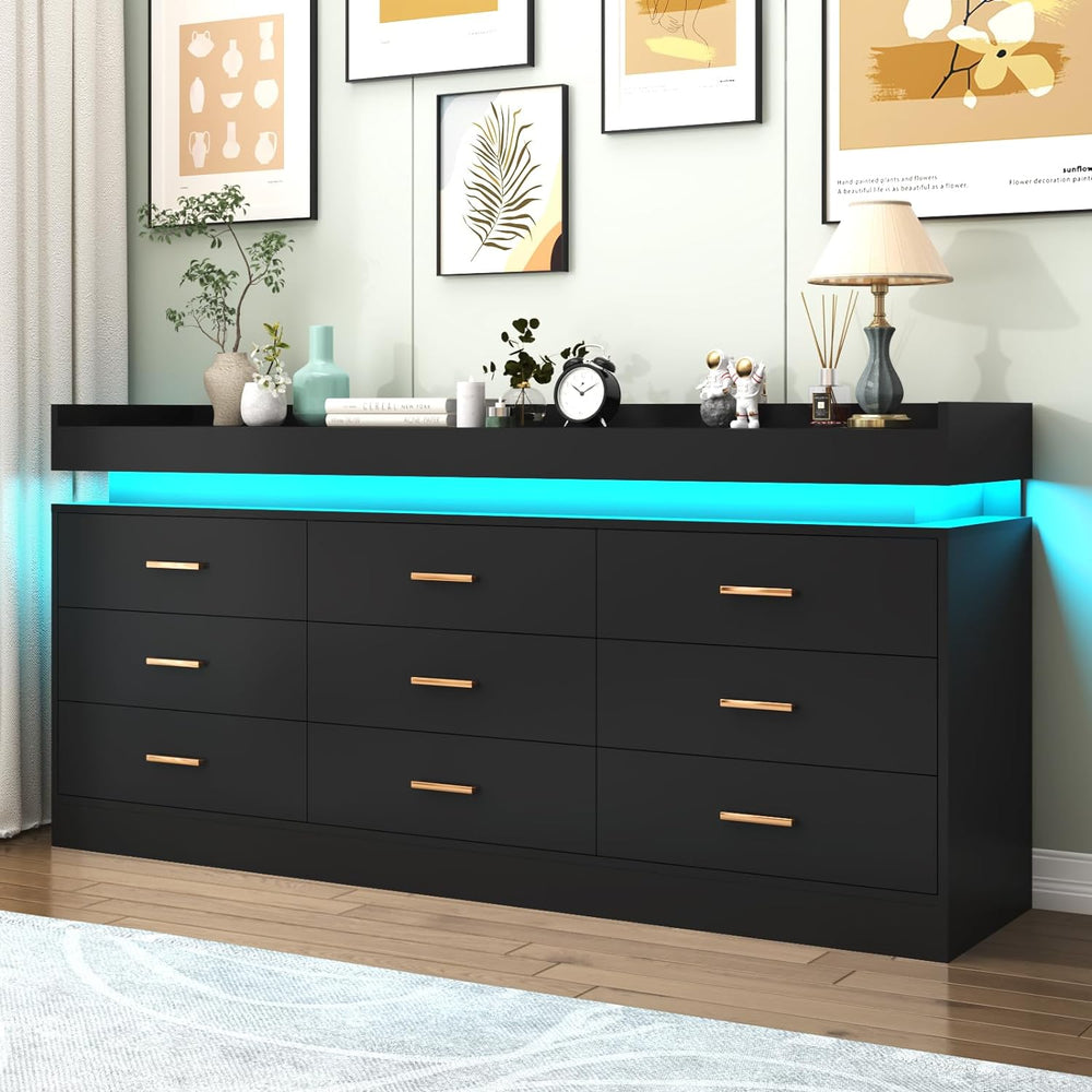Hlivelood 9 Drawer Dresser with LED Light and Charging Station, Modern Chest ...