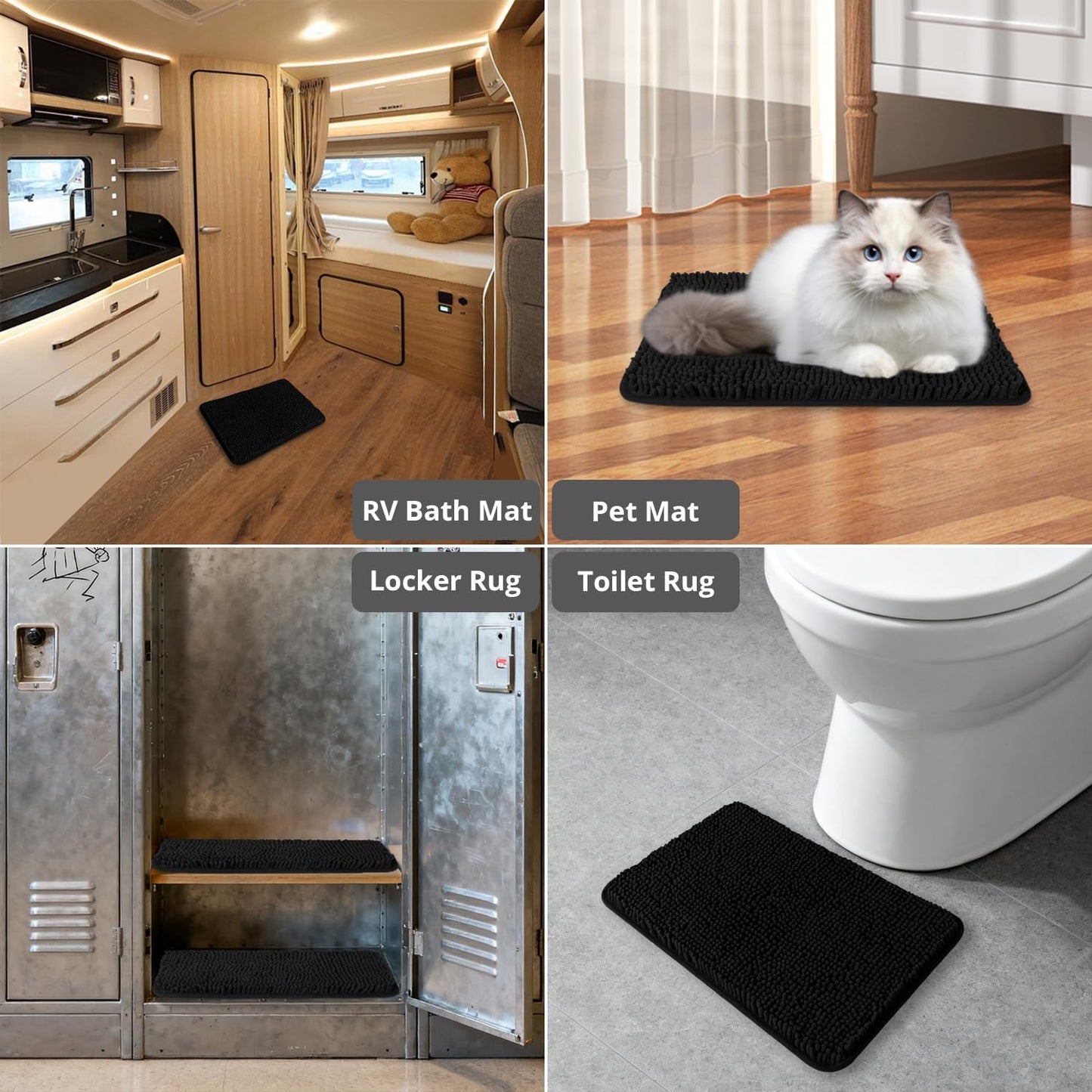 Small Bathroom Rug 12"x18" – Washable and Absorbent Bath Mat, Non Slip, Thick Soft Chenille Bath Rugs for Bathroom, Shower, Sink, Dog mat(Black)