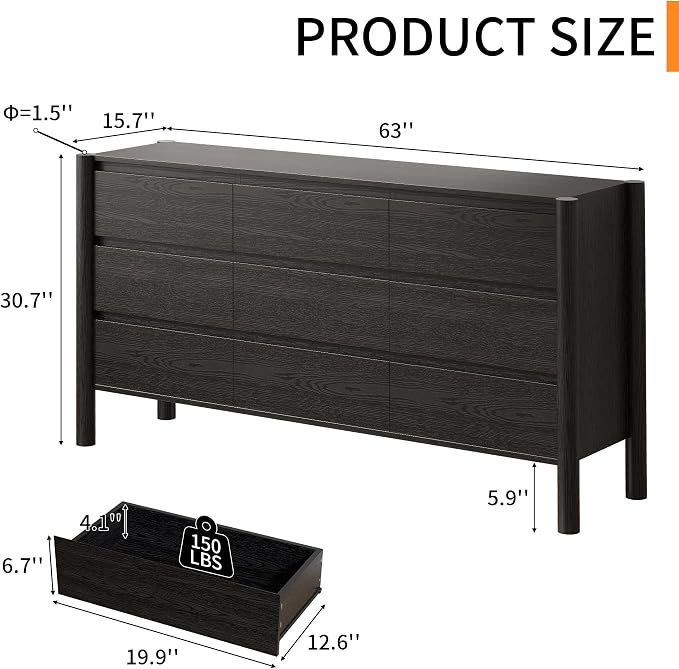 Dresser for Bedroom with 9 Drawers, Wooden TV Stand, Closet Clothes Organizer - Image 2