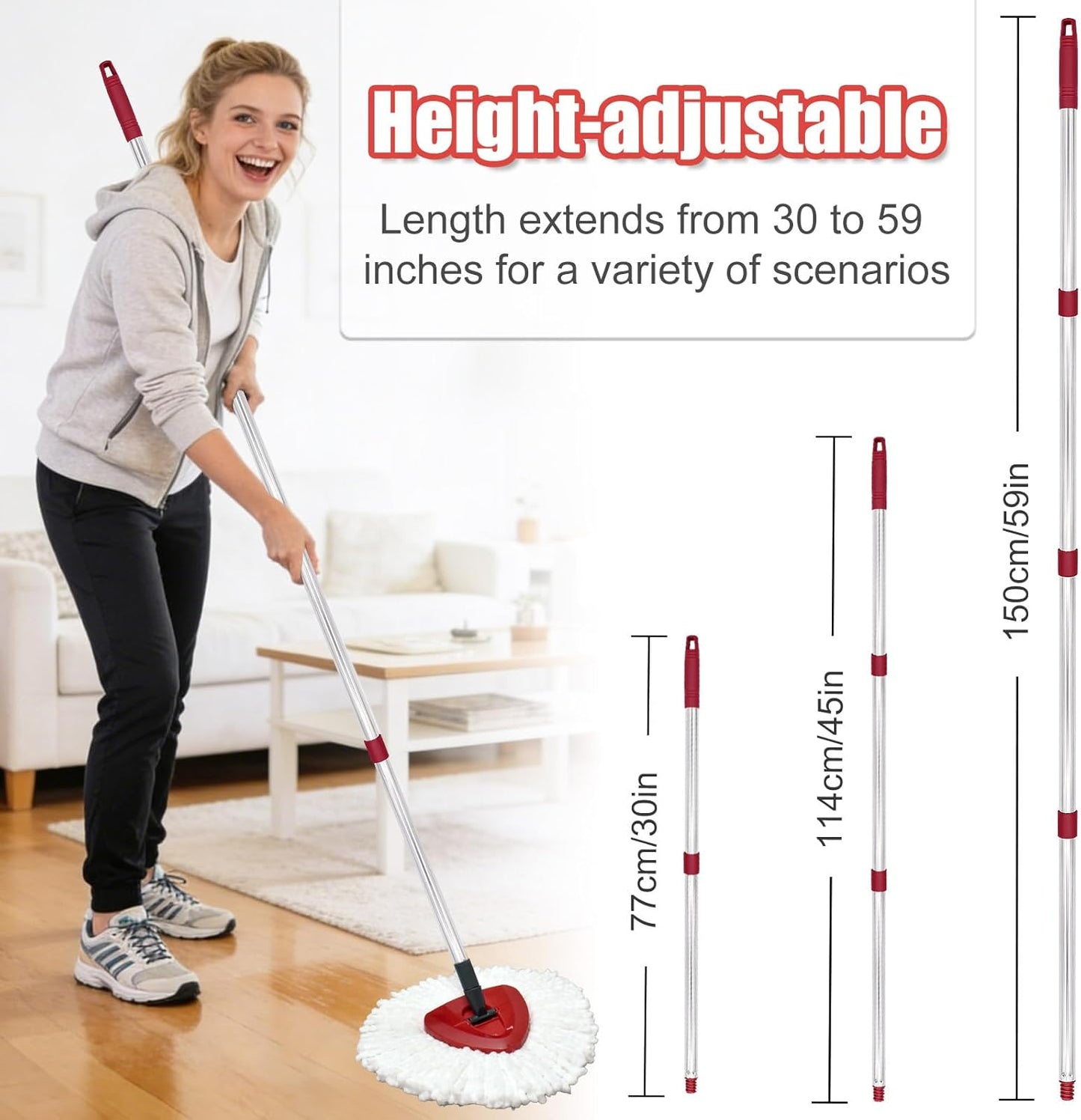 4-Section Spin Mop Handle Replacement, 30 to 58 inch Stainless Steel Handle Easy Install, Resistant to Deformation, American Threaded Joint, Compatible with O-Ceda Spin Mop Easy Wring Spin Mop Head