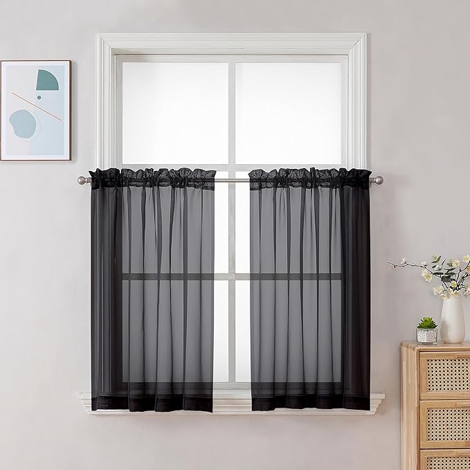 Chyhomenyc Black Sheer Curtains 30 inch Length 2 Panels, Light Filtering Voile by Chyhomenyc