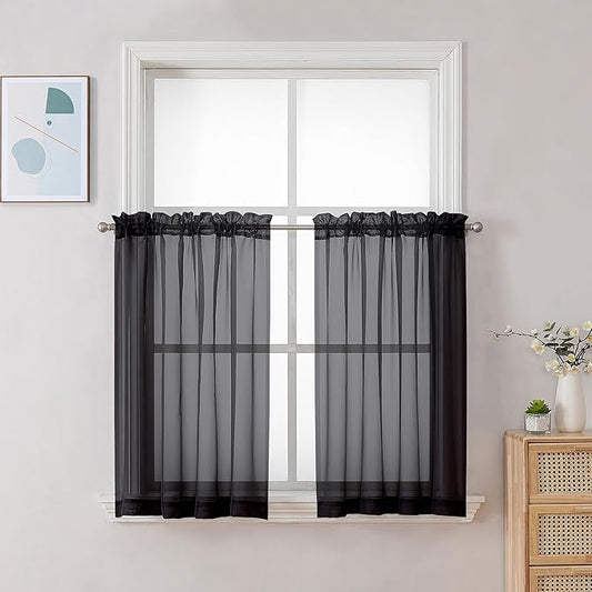 Chyhomenyc Black Sheer Curtains 30 inch Length 2 Panels, Light Filtering Voile by Chyhomenyc