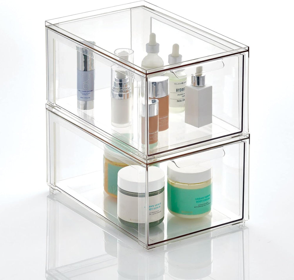 mDesign Plastic Stackable Bathroom Storage with Pull Out Bin Organizer Drawer...