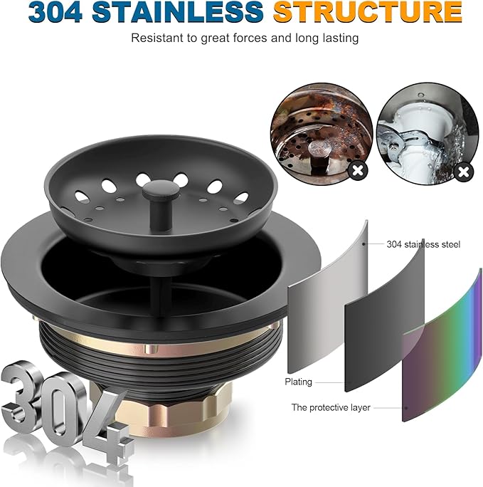 BOTEMY Stainless Steel Black Sink Drain Strainer Kit 3-1/2 inch Kitchen Drain - Image 2