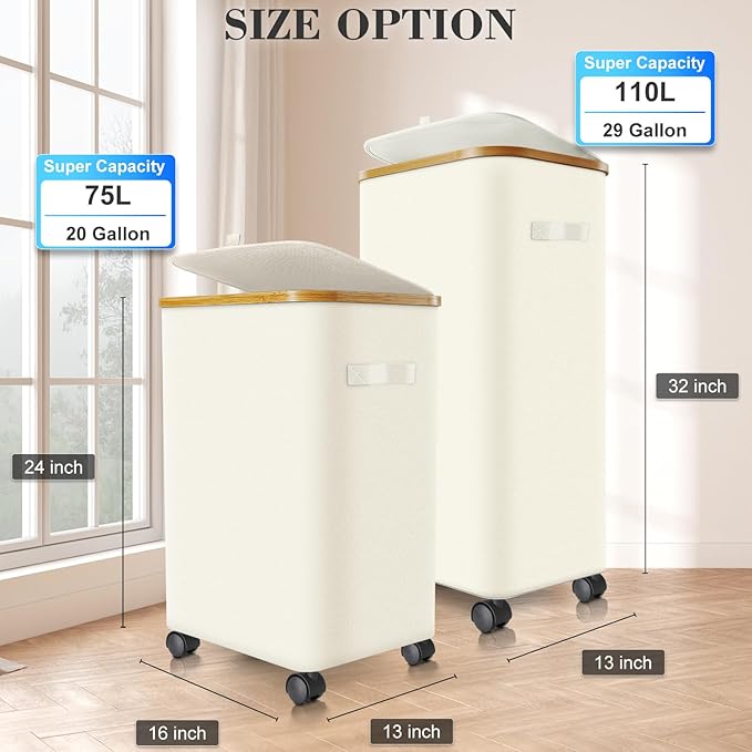 Laundry Hamper with Wheels, 20 Gal Laundry Basket with lid Rolling Clothes - Image 4