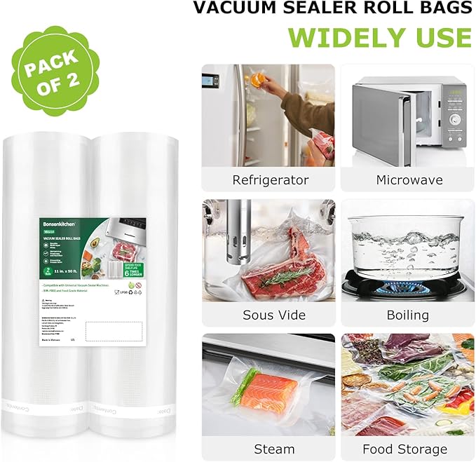 Bonsenkitchen Vacuum Sealer Bags, 11 in x 50 ft Rolls 2 Pack Seal Bags - Image 5