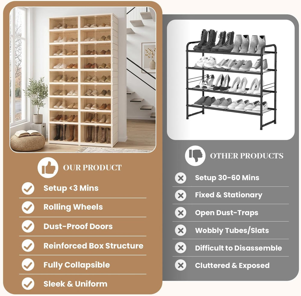 Collapsible Shoe Rack Organizer, Clear Doors Plastic Shoe Storage Cabinet