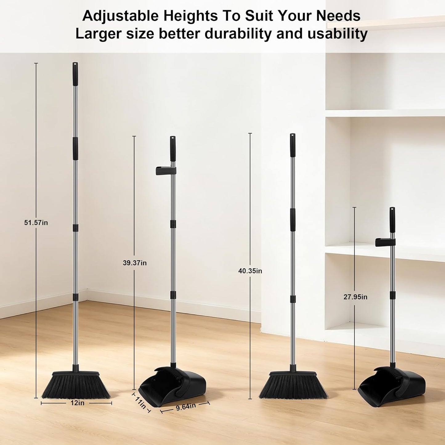 Broom and Dustpan Set 2 Pack, Upright Stand Up Broom and Dustpan Combo with Long Handles, Self-Cleaning Dustpan Teeth, Indoor Outdoor Sweeping Set for Home, Kitchen, Garage Pet Areas Black