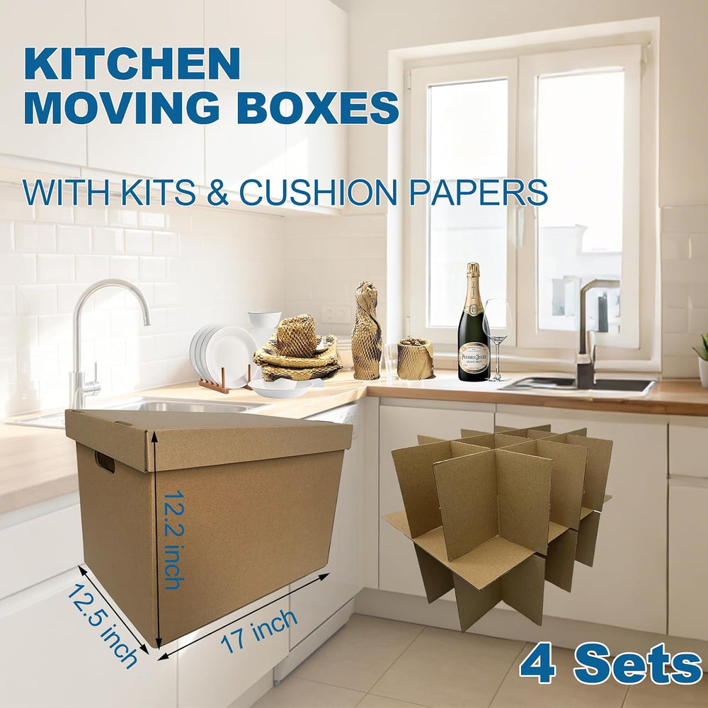 4 Sets Tape-Free Kitchen Moving Boxes 17x12x12" with 2-Layer Dividers