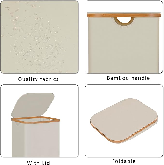100L Laundry Hamper with Lid, Lagre Basket with Bamboo Handles, Foldable - Image 2