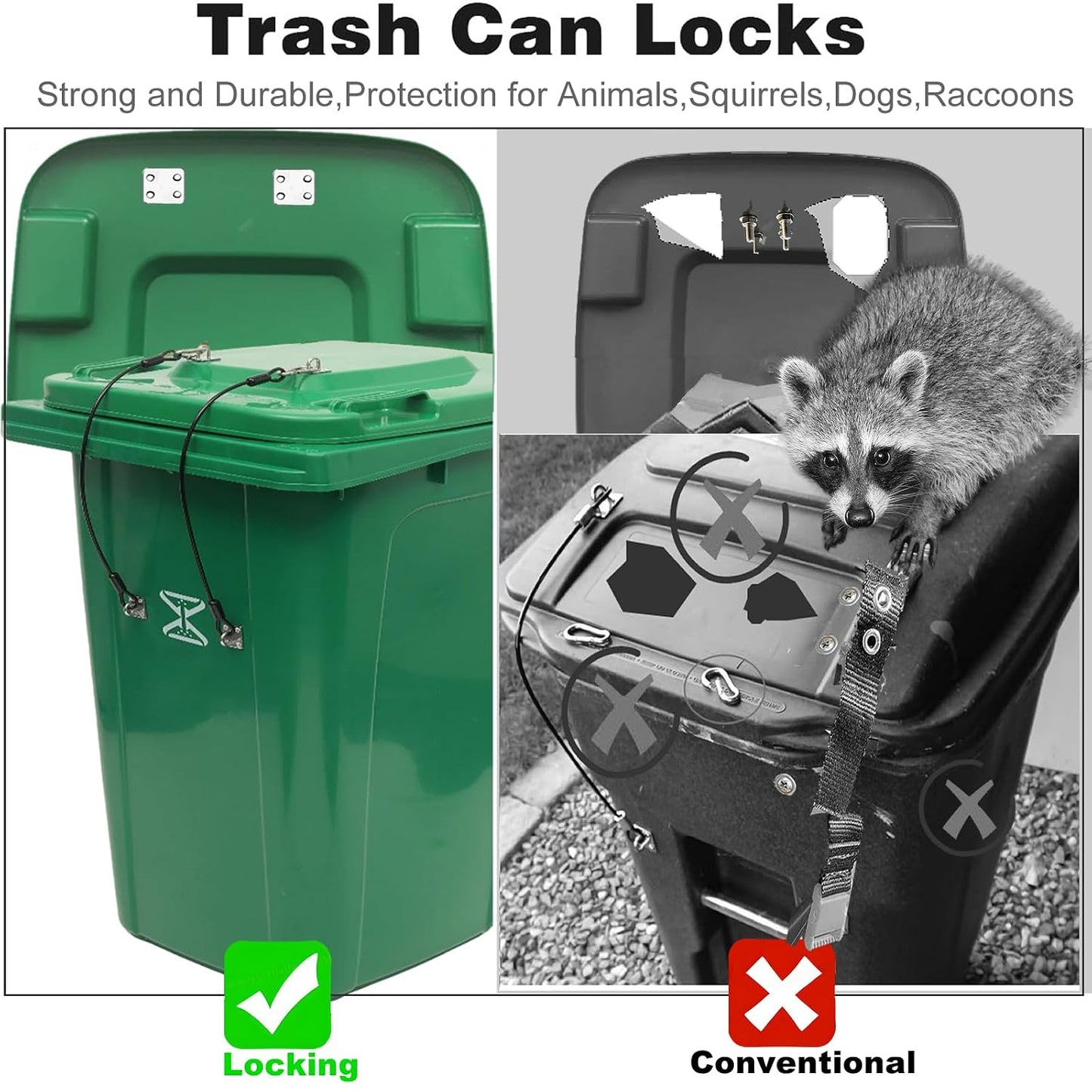Trash Can Locks Garbage Can Lid Locks for Animals, Bear Raccoon Squirrel Dog Proof Trash Can Lock, Weather-resistant Universal Trash Bin lock for Outdoor Trash Cans with Stainless Steel Hasps，2 PCS