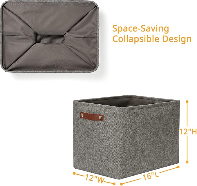 DULLEMELO Grey Storage Baskets for Organizing 2 Pack 16"x12"x12" Fabric Shelf - Image 2