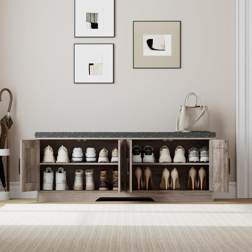 HOMSHO Farmhouse Shoe Storage Bench with 4 Barn Doors & Padded Seat Cushion