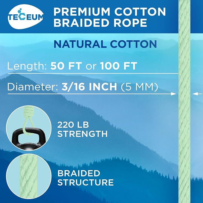 TECEUM Cotton Rope 3/16” – 100 FT – Strong All-Purpose Braided Rope – Natural - Image 8
