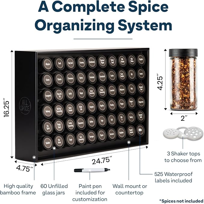 AllSpice Spice Rack Organizer, 525 Unique Labels, Countertop or Wall Mount - Image 3