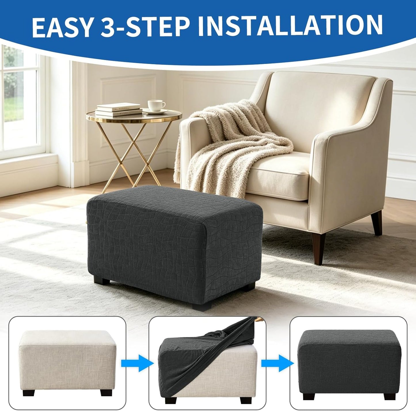 Waterproof Ottoman Covers Ottoman Slipcovers Folding Storage Stool Washable Furniture Protector,Elastic Foot Stool Foot Rest Protector for Living Room Bedroom,Large,Dark Gray