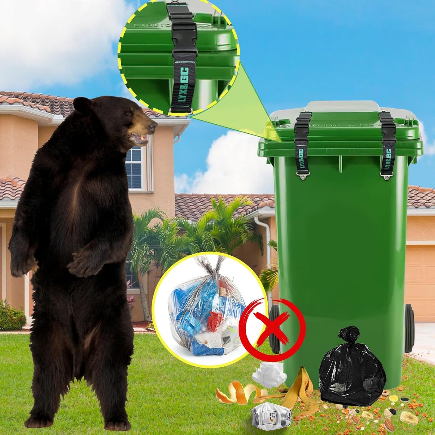 LYX&GC Trash Can Locks for Animals, Raccoon Bear Proof Trash Can Lock, Easy to Install, Long Lasting Strap Lid Garbage Can Lock for Out Door Garbage Can - 2PCS