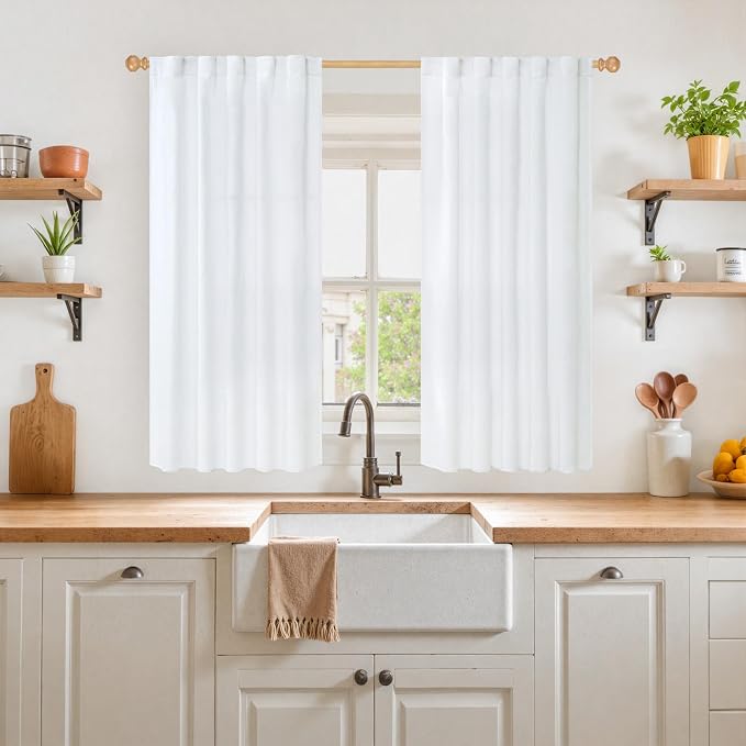 YoungsTex Short White Linen Curtains 45 Inch Length 2 Panels - Image 2