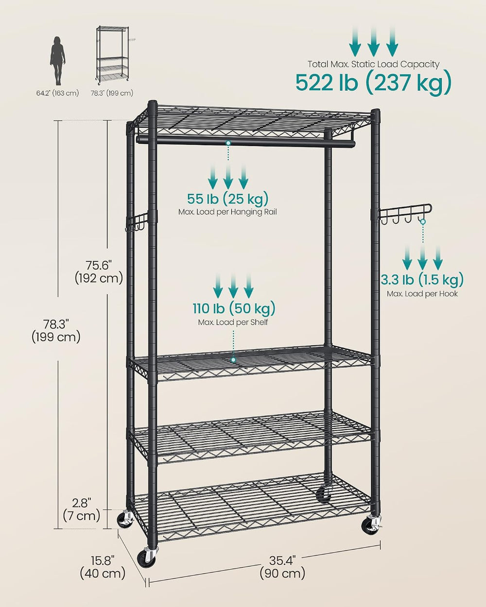 SONGMICS Heavy-Duty Clothes Rack, Portable Closet on Wheels, Garment Rack