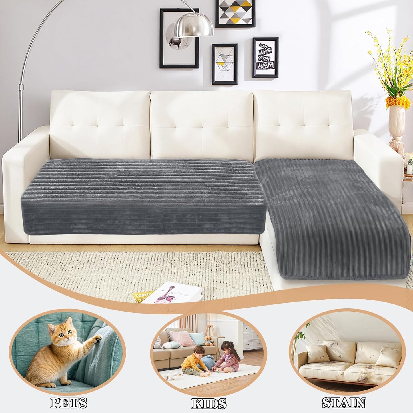 NAISI Couch Covers for Dogs Waterproof Flannel Striped Sofa Cover Pet Friendly Washable Dog Mat for Couch Anti Slip Sectional Sofa Slipcover Protector(2pcs/35"x63"+35"x70",Dark Grey)