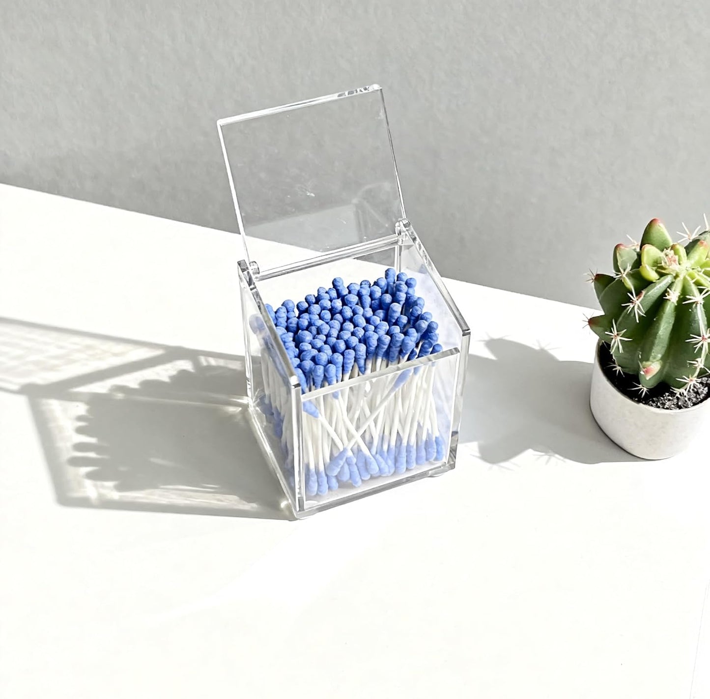 Clear Acrylic Qtip Holder with Lid, Cotton Balls Swab Organizer | 2.95" x 2.56" x 3.94" Dispenser for Makeup Pad, Floss Picks, Bath Salts, Cosmetic Storage Case, Home Bathroom Decor