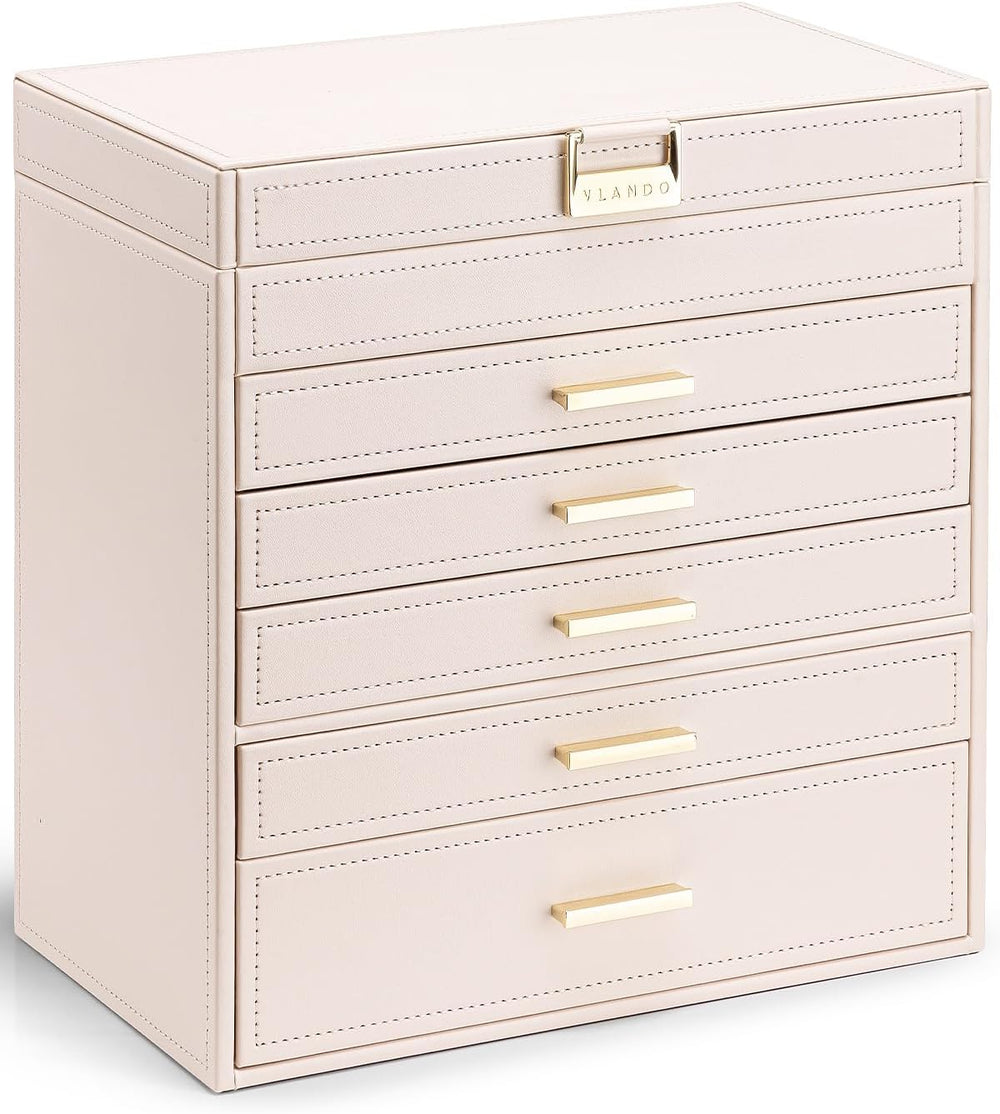 VLANDO Large Jewelry Box, 6 Layer Storage Organizer, Removable Dividers