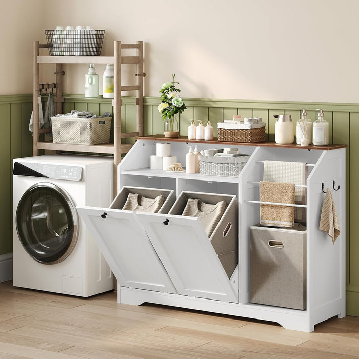 43.3" Laundry Hamper Cabinet, Double Tilt-Out Laundry Hamper with 4 Hooks and 3 Towel Racks, 2 x 8.7 Gal Hidden Laundry Baskets, Trash Can Cabinet for Bathroom, Kitchen, White and Walnut