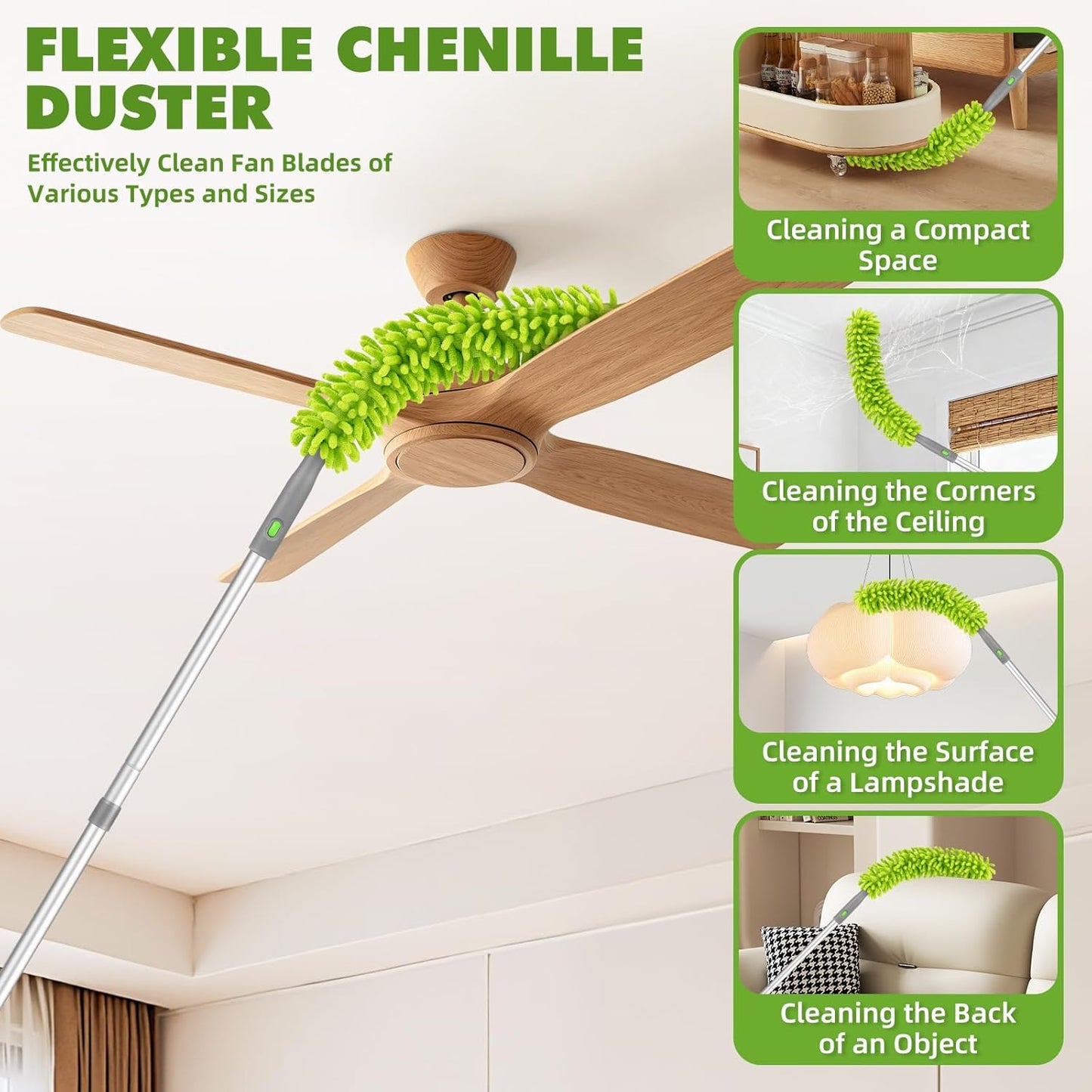 Ceiling Fan Cleaner Duster with 6 Ft/77'' Extendable Long Handle Multi-Functional Chenille Fan Duster for Ceiling Fan Blades, Blind, Cobweb, Vent, Wall