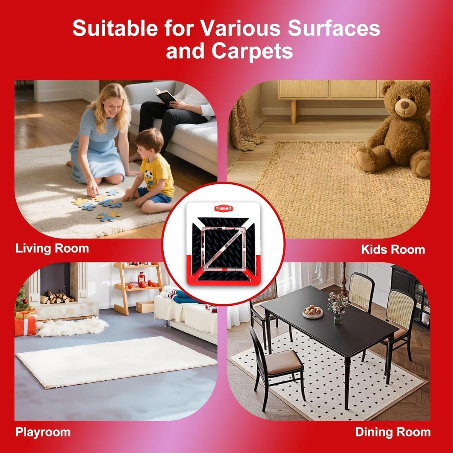 12Pcs Rug Gripper, Double Sided Carpet Tape for Area Rugs, Non Slip Rug Pads Grippers for Hardwood, Tile and Laminate Floors, Rug Corner Grippers for Preventing Curling and Bunching, Black