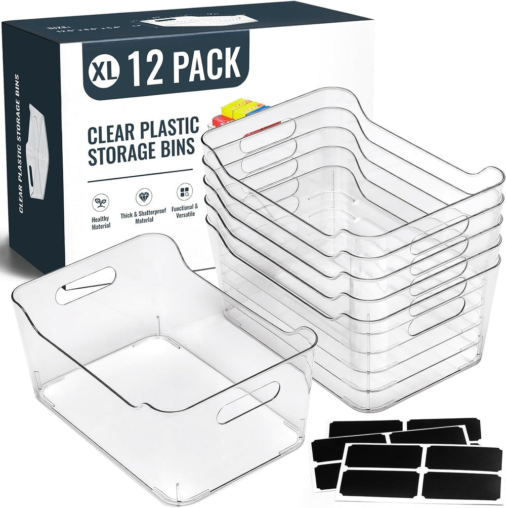 12 PACK Multi-Use Clear Plastic Storage Bins for Organizing w/ Labels - Home,...