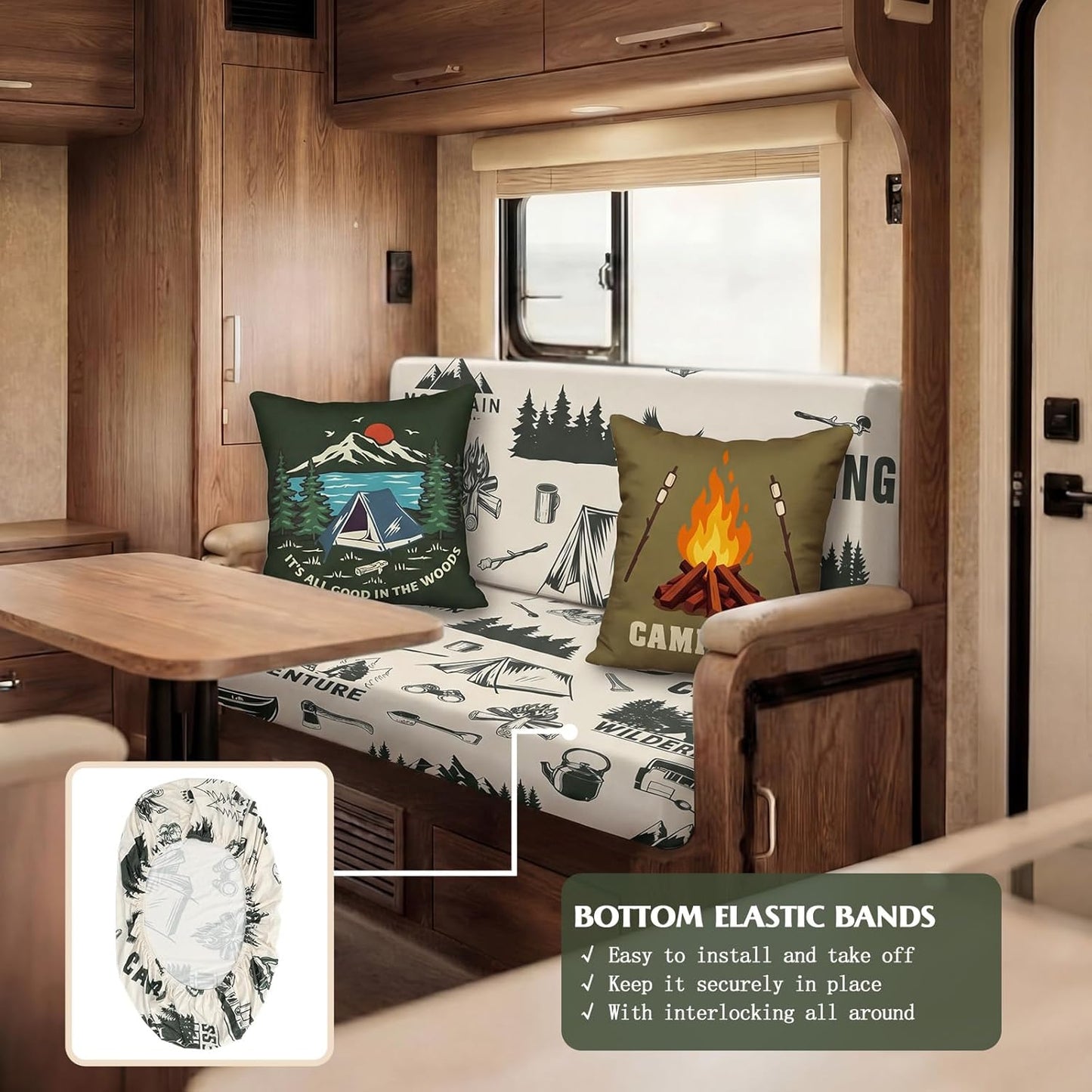 Tiamon RV Dinette Cushion Covers Set - 6 Pcs Camping Theme Cushion Slipcovers for Camper Car Bench Seat Replacement, 2 Pillowcase, 2 Backrest, 2 Bench Cover(Fabric,Green Camp)