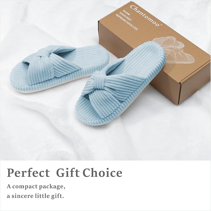 Chantomoo Slippers for Women Memory Foam House Bedroom Corduroy Bow Crossbands - Image 4