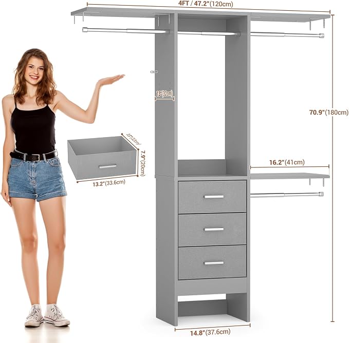 4FT Small Closet System with 3 Fabric Drawers, Flexible Built-In Clothes - Image 6